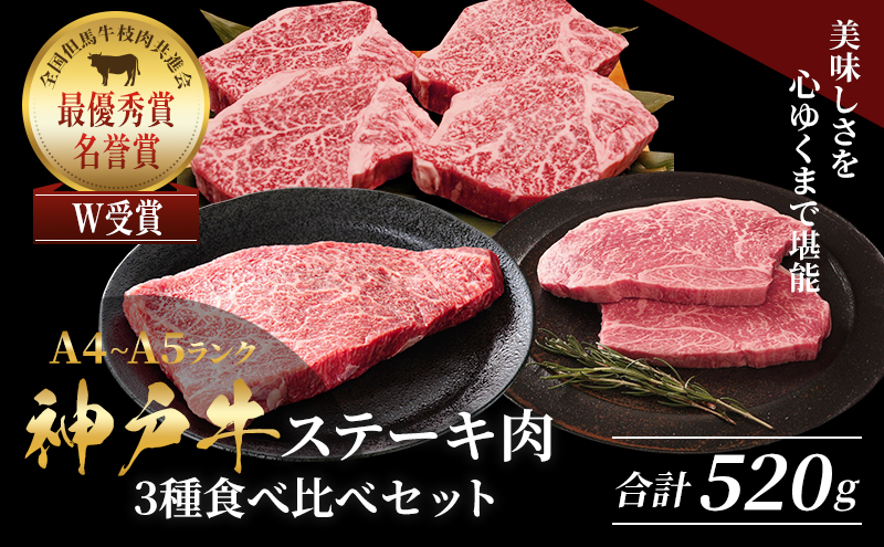 神戸牛 ステーキ ロース ヒレ もも 3種食べ比べ Dセット 計5枚（520g）