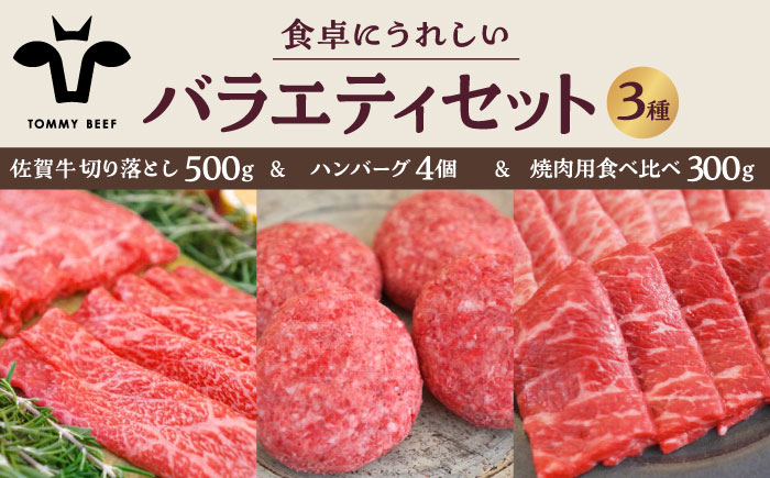 【牧場直送】佐賀牛 食卓にうれしいバラエティ セット（切り落とし 500g＆ハンバーグ 4個＆焼肉用食べ比べ 300g）【有限会社佐賀セントラル牧場】 [IAH208]