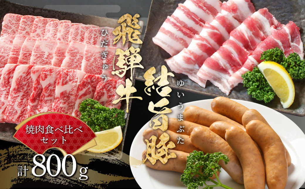 
                  飛騨牛 結旨豚 焼肉 食べ比べ セット 計800g 飛騨牛 カルビ焼肉 150g 結旨豚 バラ焼肉 500g ソーセージ 150g 冷凍真空パック | 肉 お肉 黒毛和牛 和牛 人気 おすすめ 牛肉 豚肉 ギフト お取り寄せ 13000円【MS024】 
                
