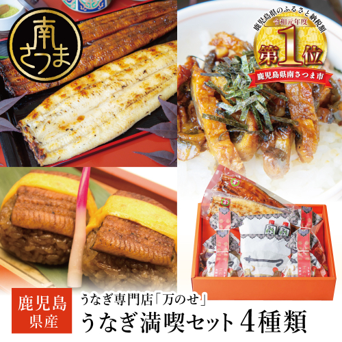 鹿児島県産 鰻 満喫セット［4種］うなぎ専門店「万のせ」加工品 詰め合わせ 詰合わ ギフト 贈答品 贈り物 手土産 御祝 お祝い 鹿児島うなぎ 鰻 ウナギ 蒲焼き 白焼き うなぎ蒸しおむすび お結び 切り落とし 切落し 刻み 鹿児島県 南さつま市