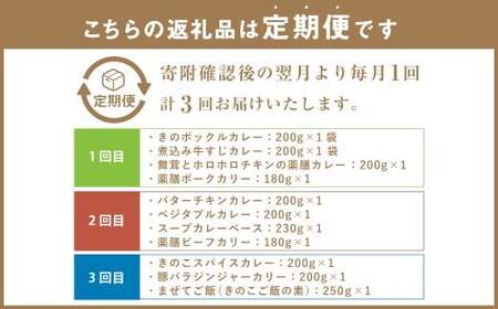 カラダ想いのスパイスカレープラスワン（カレー4種×2回、カレー２種ときのこご飯の素１種2袋×1回）毎月【3回定期便】 きのポックルカレー まぜてご飯 豚バラジンジャーカリー きのこスパイスカレー 薬膳