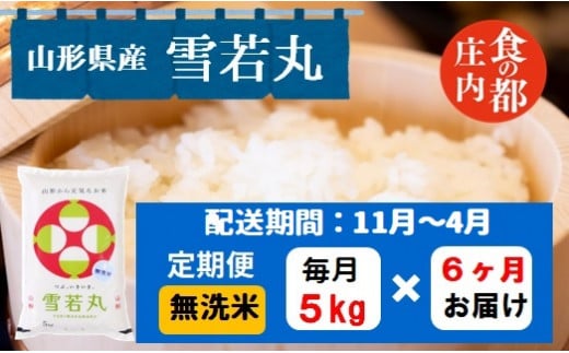 【11月～4月発送】無洗米山形県産雪若丸5kg×6回【定期便6回】