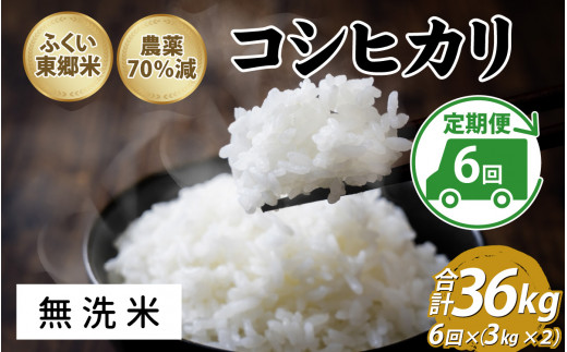 【定期便6ヶ月連続】令和5年産 ふくい東郷米 特別栽培米 農薬70％減 コシヒカリ 6kg(3kg×2袋)×6ヶ月 合計36kg【無洗米】[H-020013_04]