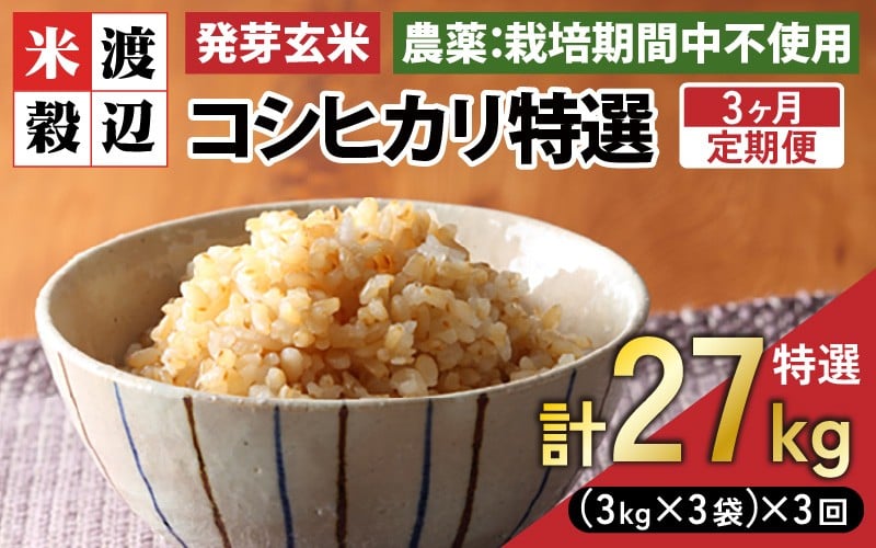 
                  【期間限定】【3ヶ月連続お届け】【令和7年産】発芽玄米 コシヒカリ「特選」特別栽培米使用 9kg（3kg×3袋）×3回（計27kg）【米 こしひかり 玄米 ギャバ GABA 特別栽培 食物繊維 栄養 真空パック ごはん ご飯 おいしい ふるさと納税米】 [N-2904]
                