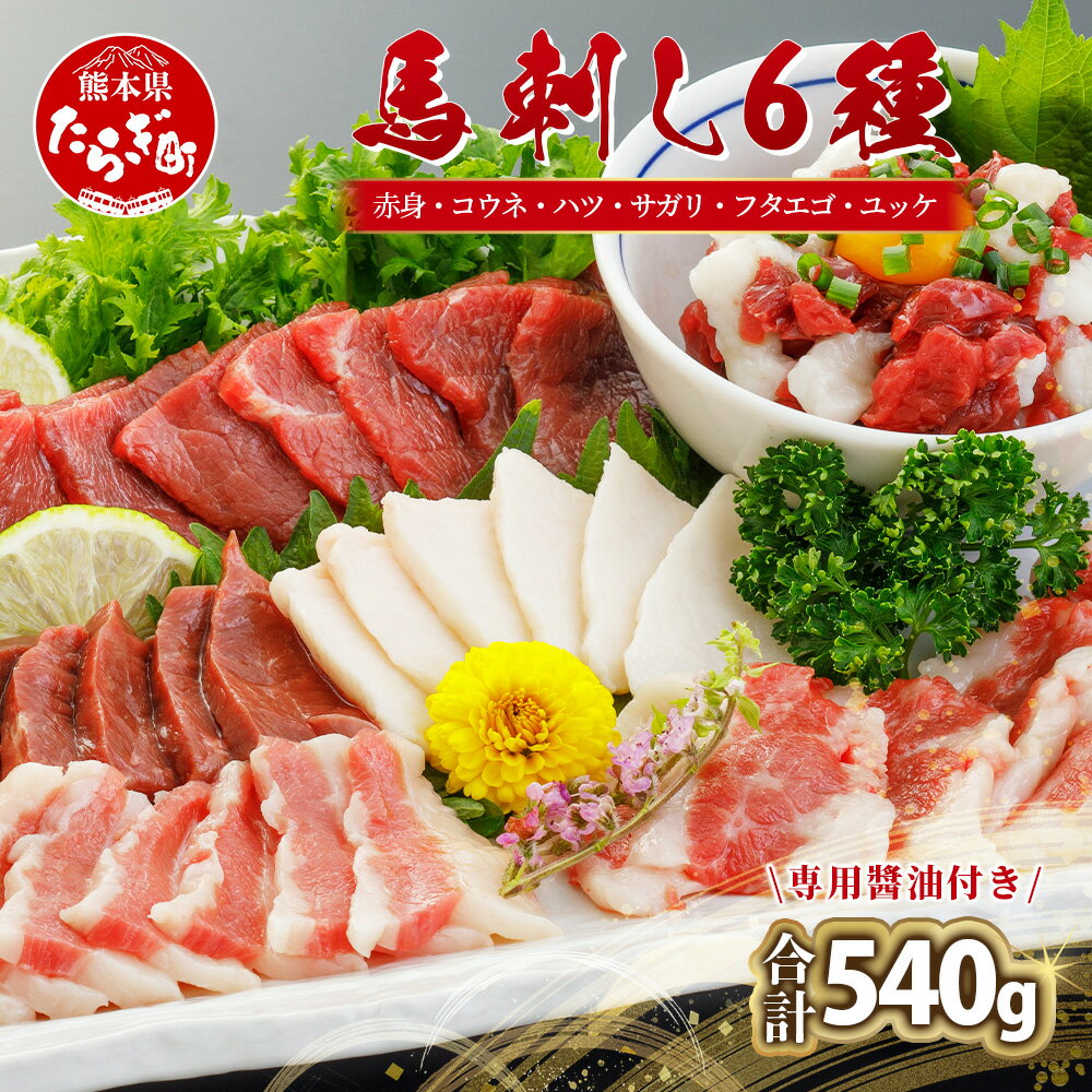 【ふるさと納税】熊本 馬刺し 6種【 赤身・コウネ・ハツ・サガリ・フタエゴ・馬刺し ユッケ 】各150g 合計540g (専用醤油付き 150ml×1) 希少部位 熊本県 馬刺 専門店 多良木町 馬肉 馬さし 肉 ヘルシー 赤身 本場 熊本 お取り寄せ 小分け 冷凍 送料無料