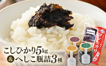 【へしこの町】 米 令和5年産 コシヒカリ5kg ＆ へしこ瓶詰め 3点セット≪ご寄附の翌月下旬頃お届け≫【精米】【福井県美浜町産米】鯖 サバ 福井 美浜 若狭 名産 郷土料理 ぬか漬け 糠漬け 発酵 米麹 つまみ 酒の肴 ご飯のお供 珍味 伝統 スローフード こしひかり[m60-a010]