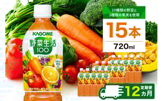 【定期便12ヵ月】カゴメ 野菜生活100 オリジナル 720ml 15本 ns111-025 【KAGOME 野菜飲料 野菜ジュース 野菜果実ミックスジュース ペットボトル飲料 健康】