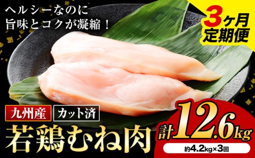 【3ヶ月定期便】九州産若鶏ムネ肉 カット済 600g×7袋×3回 計12.6kg 鶏肉 お肉 ムネ肉 むね肉 小分け 冷凍 九州産 国産 熊本県 菊池市 送料無料《お申し込みの翌月から出荷》