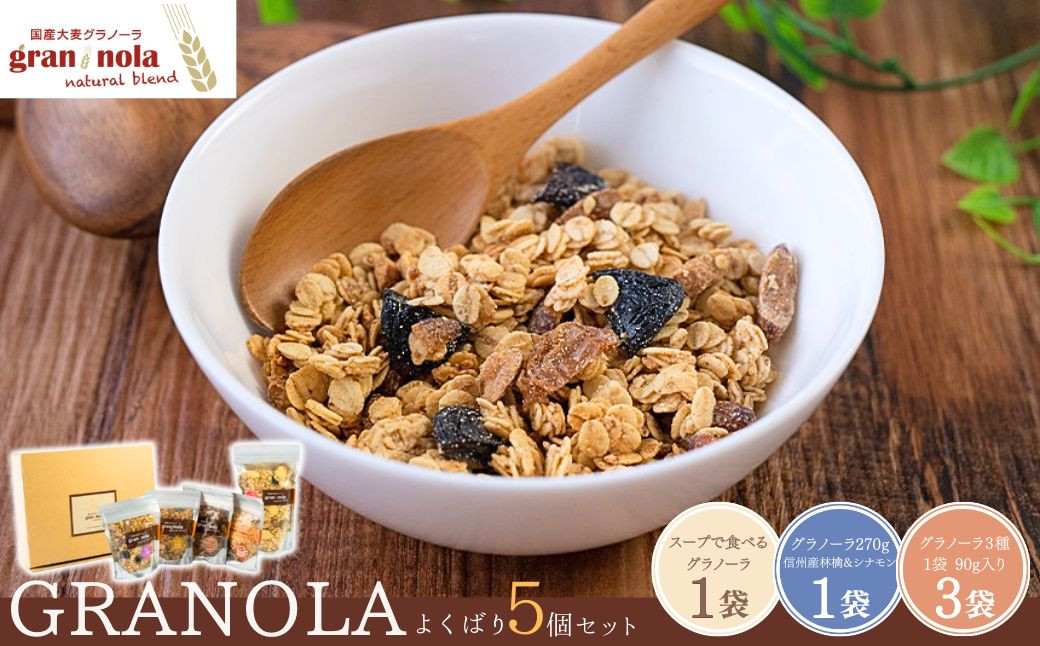 
            国産大麦 グラノーラ 「 gran*nola (グラン*ノーラ) 」 よくばり5個セット 果物 フルーツ 朝食 軽食 おやつ 食物繊維 国産原料 信州産 長野県 千曲市
          