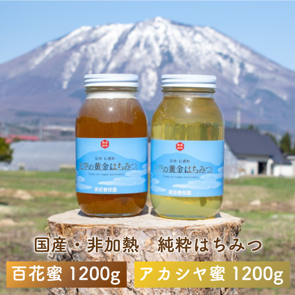 黒姫養蜂園『天空の黄金はちみつ』百花蜜・アカシヤ 1.2kg×2個セット 計2.4kg ｜ 信州産100％非加熱の国産ハチミツ ｜ 肉料理・お菓子・ヨーグルトに！ 【長野県信濃町ふるさと納税】