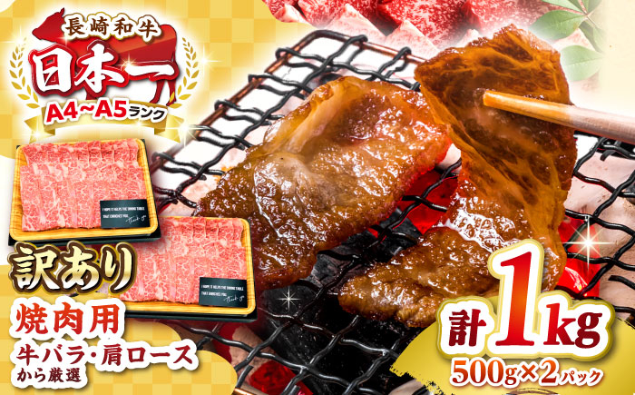 
                  【訳あり】【A4〜A5ランク】長崎和牛 焼肉切り落とし 1kg（500g×2パック）(肩ロース・バラ）《壱岐市》【株式会社MEAT PLUS】 肉 牛肉 黒毛和牛 焼き肉 ご褒美 焼肉 焼肉用 ギフト 贈答用 ご褒美 冷凍配送 A4 A5 [JGH022]
                