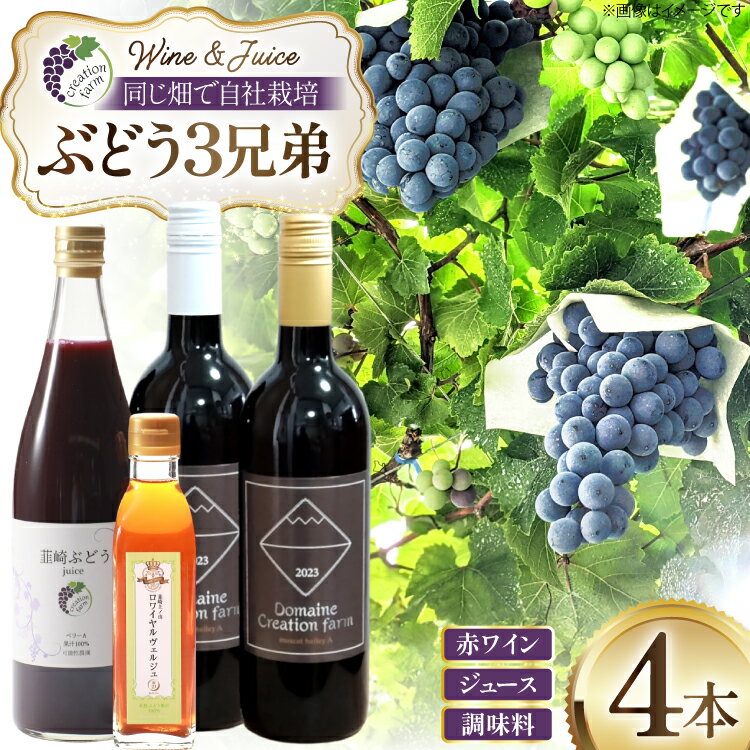 【ふるさと納税】ぶどう 赤ワイン 樽熟成 赤ワイン ステンレスタンク熟成 ブドウジュース ロワイヤルヴェルジュ 750ml × 2本 720ml × 1本 190ml × 1本 ( 4本 セット ) [Creation farm 山梨県 韮崎市 20745311] 赤 ワイン 果物 ジュース アルコール 飲み比べセット