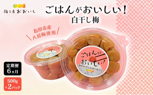
            [№5695-2123]【定期便6ヶ月】八房梅使用 ごはんがおいしい！白干し梅 500g×2パック 梅干し うめぼし 白干し 塩漬け おにぎり 弁当 島田市 静岡県
          