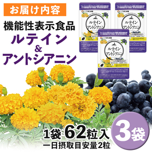 No.761 ルテイン＆アントシアニン配合サプリメント(62粒入×3袋・計186粒) 鹿児島 日置市 目 疲れ 健康食品 サプリ ブルーベリー 栄養バランス 食生活 安心安全 機能性表示食品【てまひま