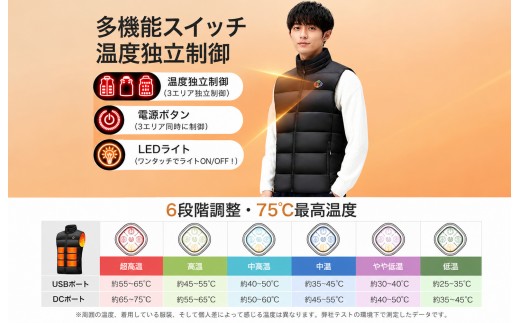 電熱ベスト 加熱ベスト ブラック Lサイズ　25箇所全面発熱  6段階温度調整 USB DC給電 7.4V