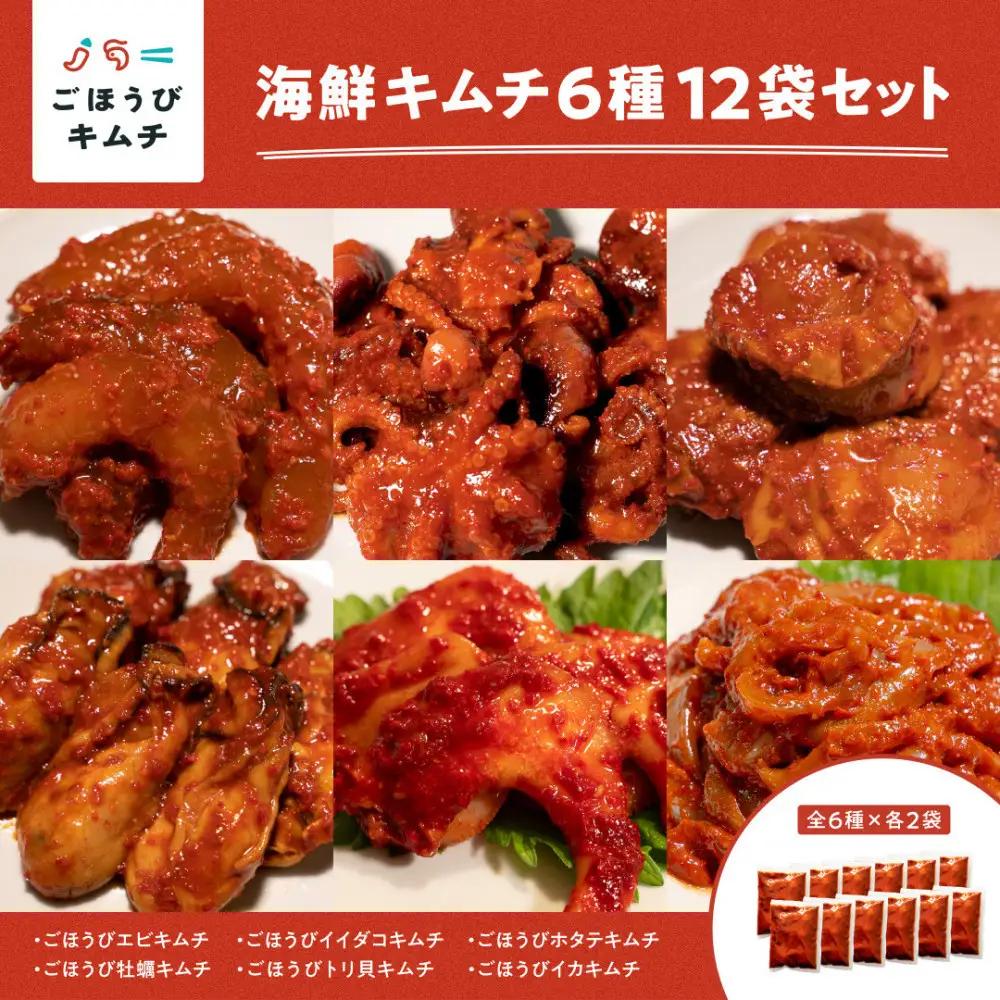 【ごほうび キムチ 】海鮮 キムチ 6種12袋セット（生赤エビ・イイダコ・牡蠣・ホタテ・イカゲソ・トリ貝 各種2袋）【冷凍 おつまみ 詰め合わせ】