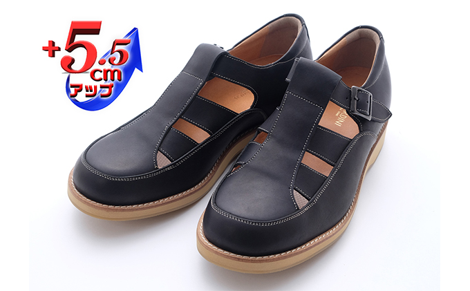 本革 幅広 4E ワイド ビジネスサンダル オフィスサンダル  5.5cmアップ シークレットサンダル No.567 ブラック 25.5cm