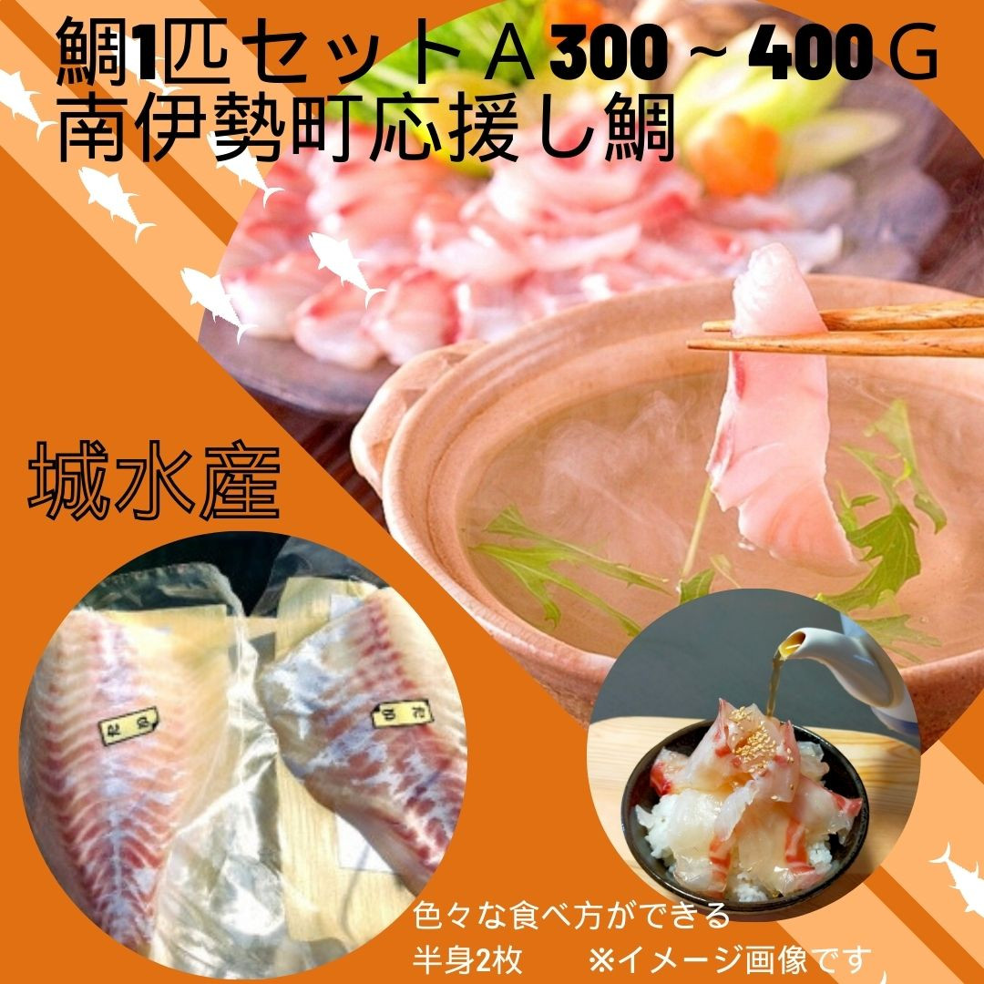 
（冷蔵）鯛1匹 セットＡ 300ｇ～400ｇ 南伊勢町 応援し鯛 伊勢志摩 ／ 城水産 ふるさと納税 オススメ 寄付 魚 鯛 タイ たい 刺身 塩焼き お取り寄せ 新鮮 真空チルド 産直 三重県
