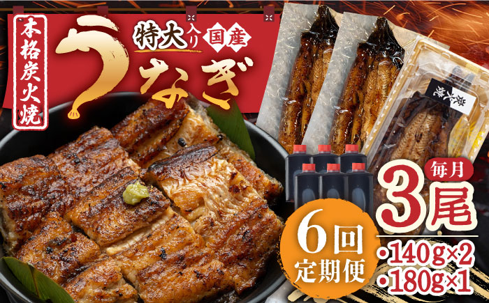 
            【6回定期便】 国産 うなぎ 本格炭火焼 特大 3尾 計540g（180g×3尾）/炭火焼古賀 [UDH015] 手焼き 冷凍 ウナギ 鰻 蒲焼き かば焼き
          