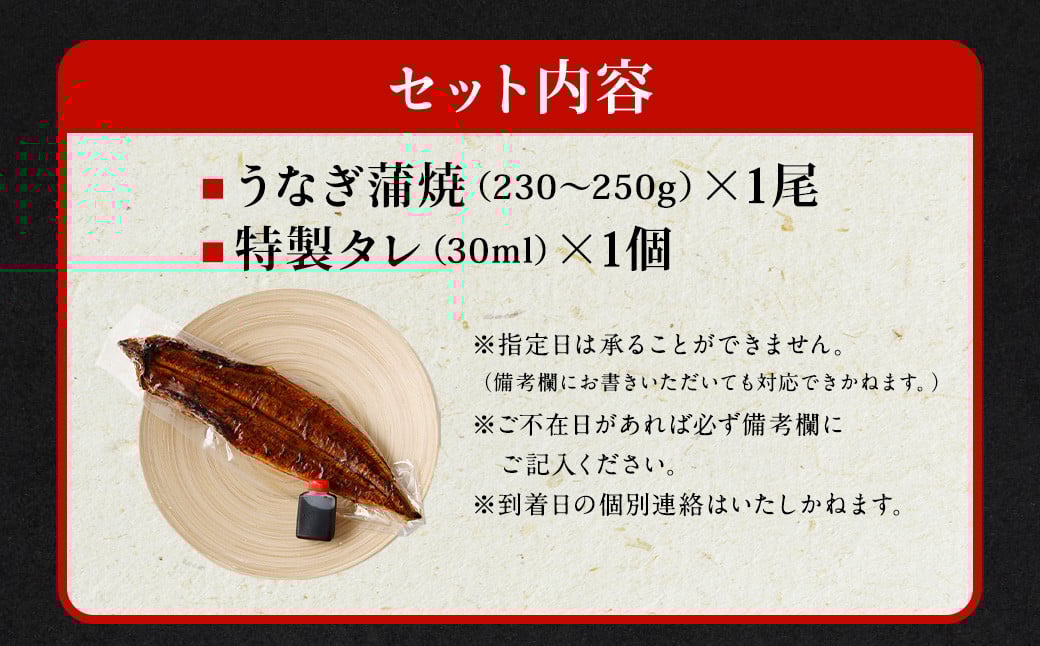 国産 うなぎ 蒲焼 1尾 （230 ~250g） と 特製タレ 1個 セット 鰻 ウナギ 蒲焼き うなぎ蒲焼 セイロ蒸し せいろ蒸し タレ付 冷凍 父の日