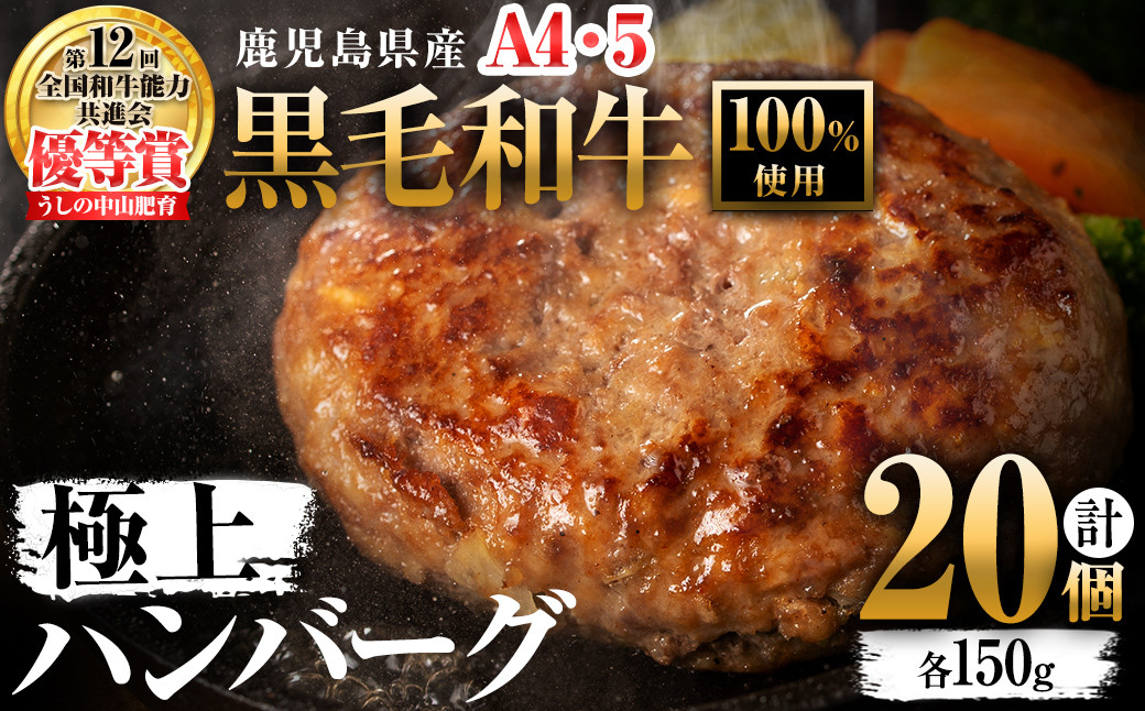 
＜A4・A5等級＞鹿児島県産 黒毛和牛100%使用 極上ハンバーグ(計3kg・150g×20個) c4-007
