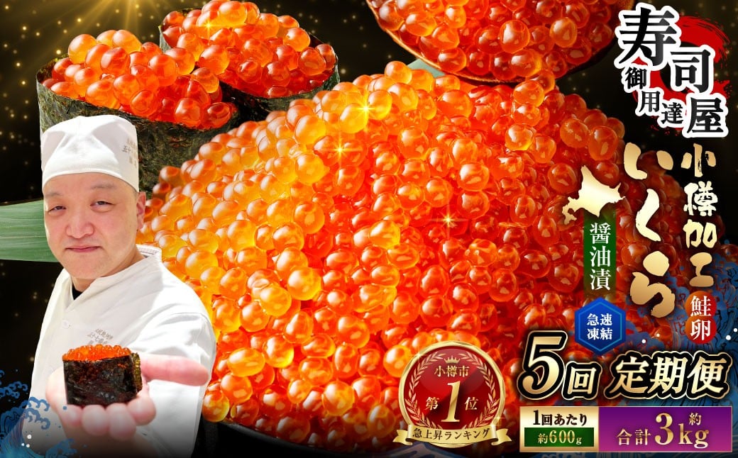 
            【5回定期便】 いくら醤油漬 約600g（約200g×3パック）×5回 計約3kg いくら醤油漬け いくら イクラ 醤油漬 醤油漬け 冷凍
          