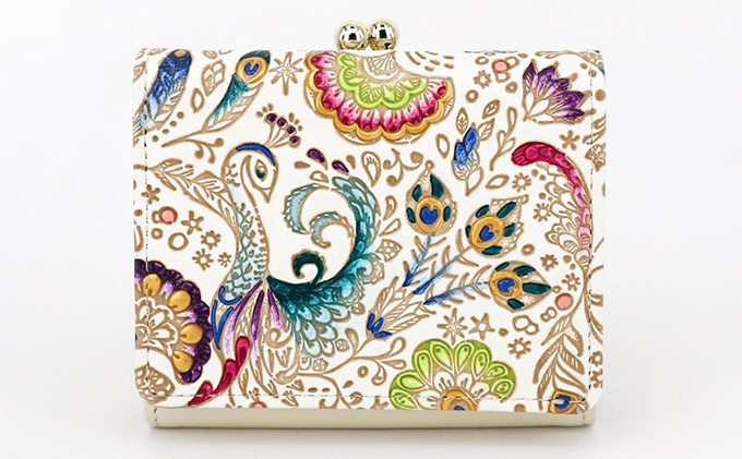 【文庫屋大関】三つ折りミニ財布　孔雀【皮革工芸品】 ファッション 小物 民芸品 お札 カード 小銭 手のひらサイズ コンパクト 大人かわいい 牛革 手作り 国産 