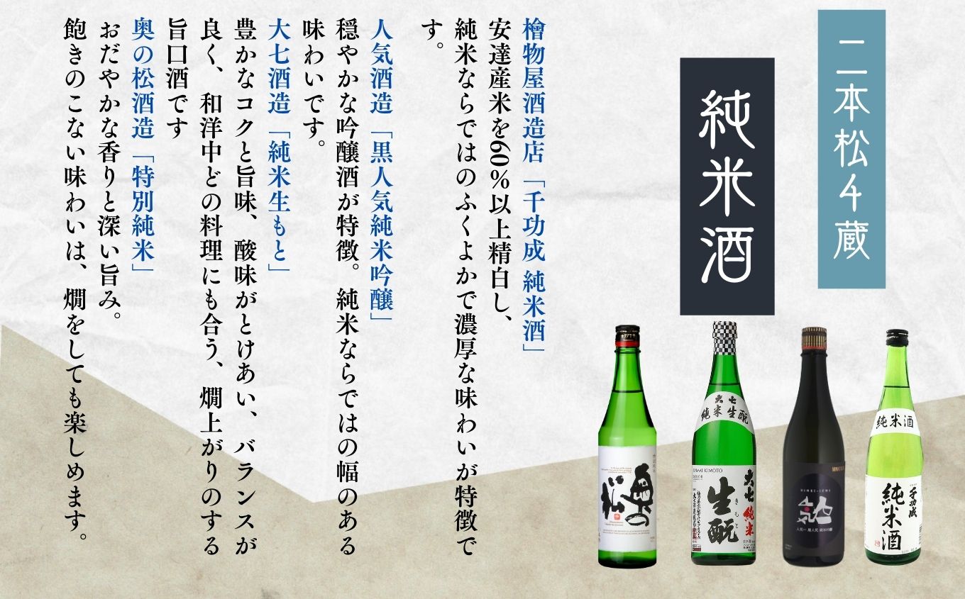 4蔵純米酒セット 奥の松酒造「特別純米」大七酒造「純米生もと」人気酒造「黒人気 純米吟醸」檜物屋酒造店「純米酒」720ml×4種【道の駅安達】