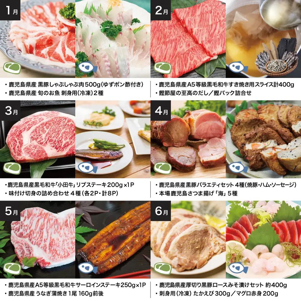 【定期便】海幸山幸 エクストラ厳選 定期便（全12回） お肉 お魚 豚肉 牛肉 黒豚 鹿児島黒牛 すき焼き サーロイン ステーキ しゃぶしゃぶ 角煮 鰻 蒲焼 刺身用 たかえび 薩摩甘えび 海老 マグ