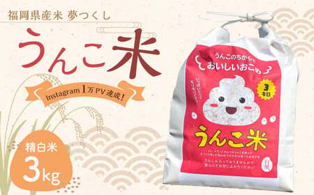 うんこ米 精白米 3kg ／  夢つくし 白米 無洗米 米 お米 国産 福岡県産 令和6年産