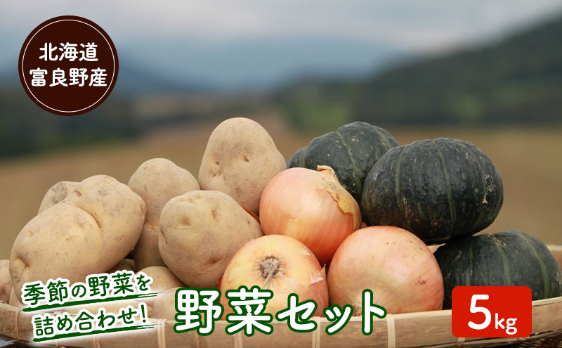 【2025年10月下旬～発送】北海道富良野　野菜セット【5kg詰め】 野菜 新鮮 ふらの にんじん 人参 かぼちゃ じゃがいも 芋 玉ねぎ たまねぎ ごぼう ゆり根 赤たまねぎ お米　)
