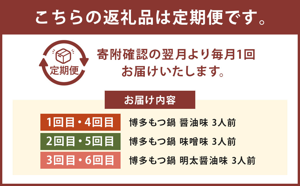 【6ヶ月定期便】人気の博多もつ鍋3人前 醤油味・味噌味・明太醤油味を順にお届け！