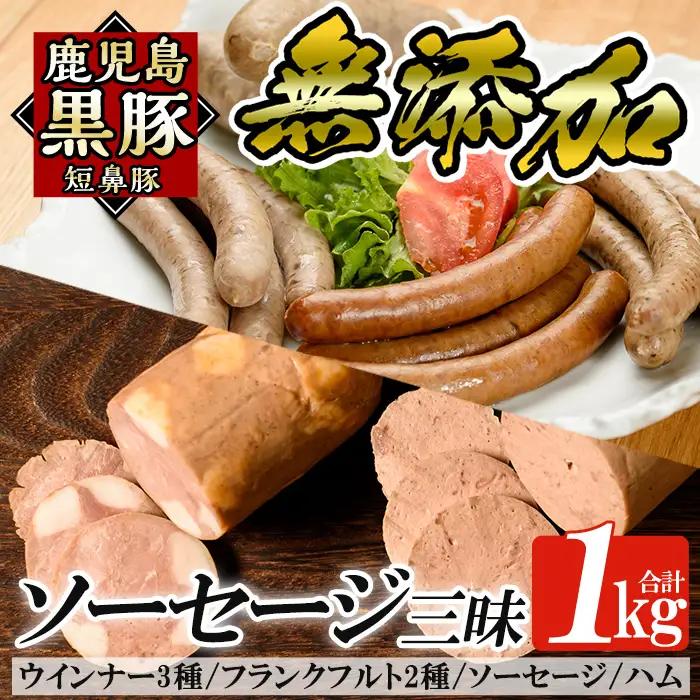 a042 鹿児島黒豚「短鼻豚」無添加ハムソーセージ三昧詰め合わせ総合計1kg【鹿児島ますや】国産 ウィンナー 無添加 ウインナー ソーセージ フランクフルト ハム 冷凍 黒豚 豚肉 おかず