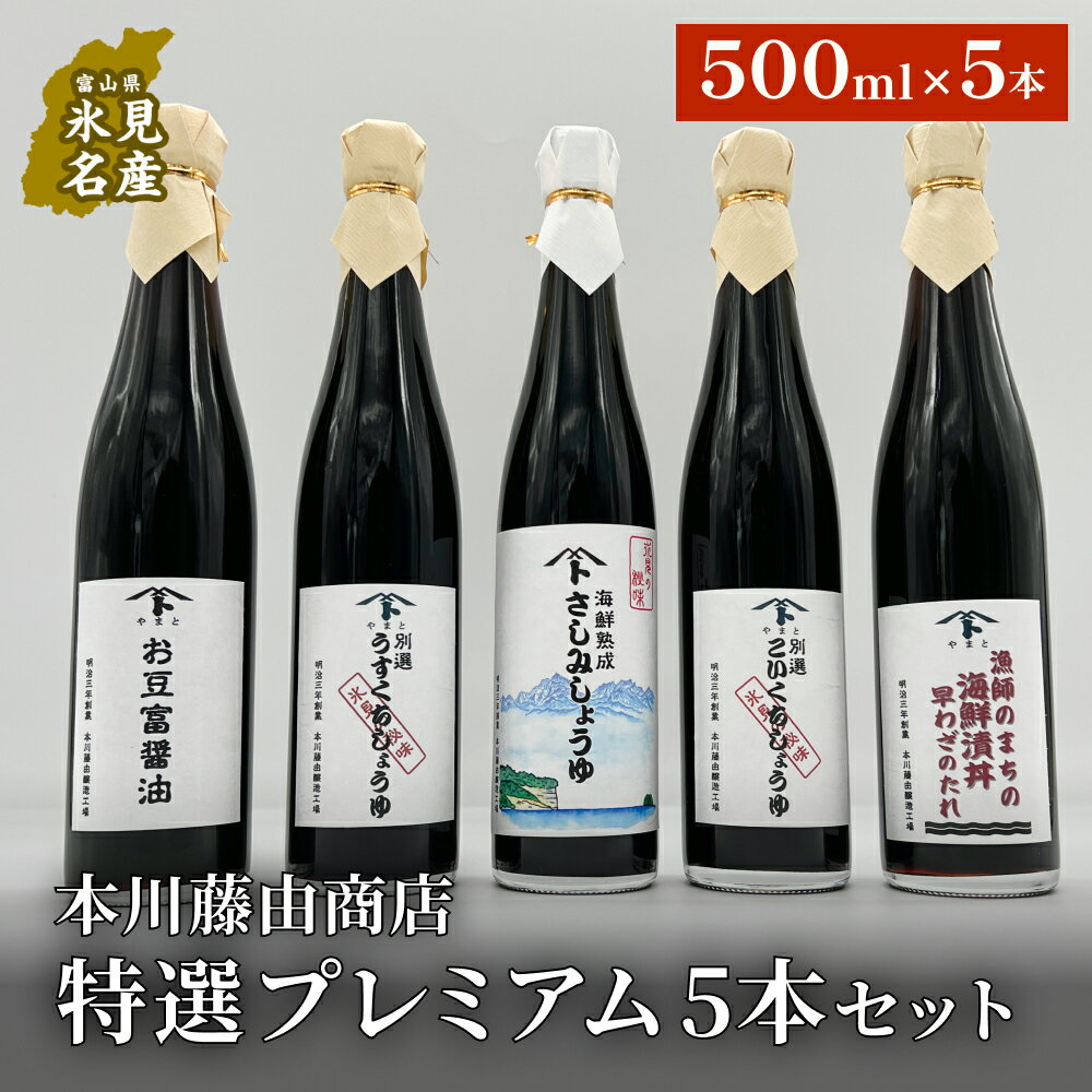 【ふるさと納税】本川藤由商店 特選 プレミアム5本セット（海鮮熟成さしみしょうゆ・別選こいくち・別選うすくち・海鮮丼漬早わざのたれ・豆富醤油） 富山県 氷見市 醤油 調味料 詰め合わせ