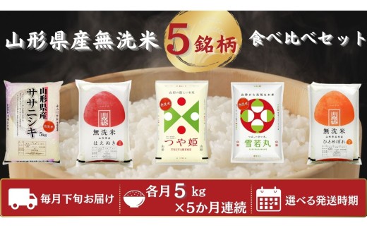 【定期便】 無洗米 5銘柄（ササニシキ 雪若丸 ひとめぼれ はえぬき つや姫）食べ比べセット 各5kg 5ヶ月連続 計25kg(3月～7月)