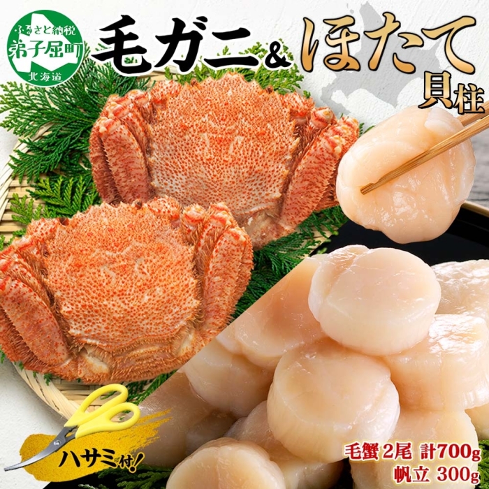3419. 毛蟹 2尾 ホタテ 専用ハサミ・食べ方ガイド付 毛ガニ 毛がに 蟹 カニ カニ味噌 ほたて 帆立 貝柱 海鮮 ボイル 北海道 弟子屈町