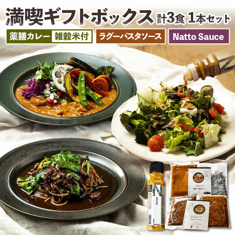 【ふるさと納税】満喫ギフトボックス 発酵×薬膳カレー・竹炭雑穀米・発酵牛すじのラグーパスタソース・Natto Sauce 合計1kg（200g×5） ソース カレー 惣菜 雑穀米 お米 ごはん ご飯 調味料 納豆 酵素 健康 美容 贈答 贈り物 お祝い お返し 冷凍 山梨県 中央市 送料無料