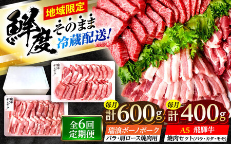 【6回定期便】 ※冷蔵配送/地域限定※ 飛騨牛 ボーノポーク 焼肉セット 合計1kg 瑞浪市 / きなぁた瑞浪 和牛 国産 岐阜県産[AZCI096]