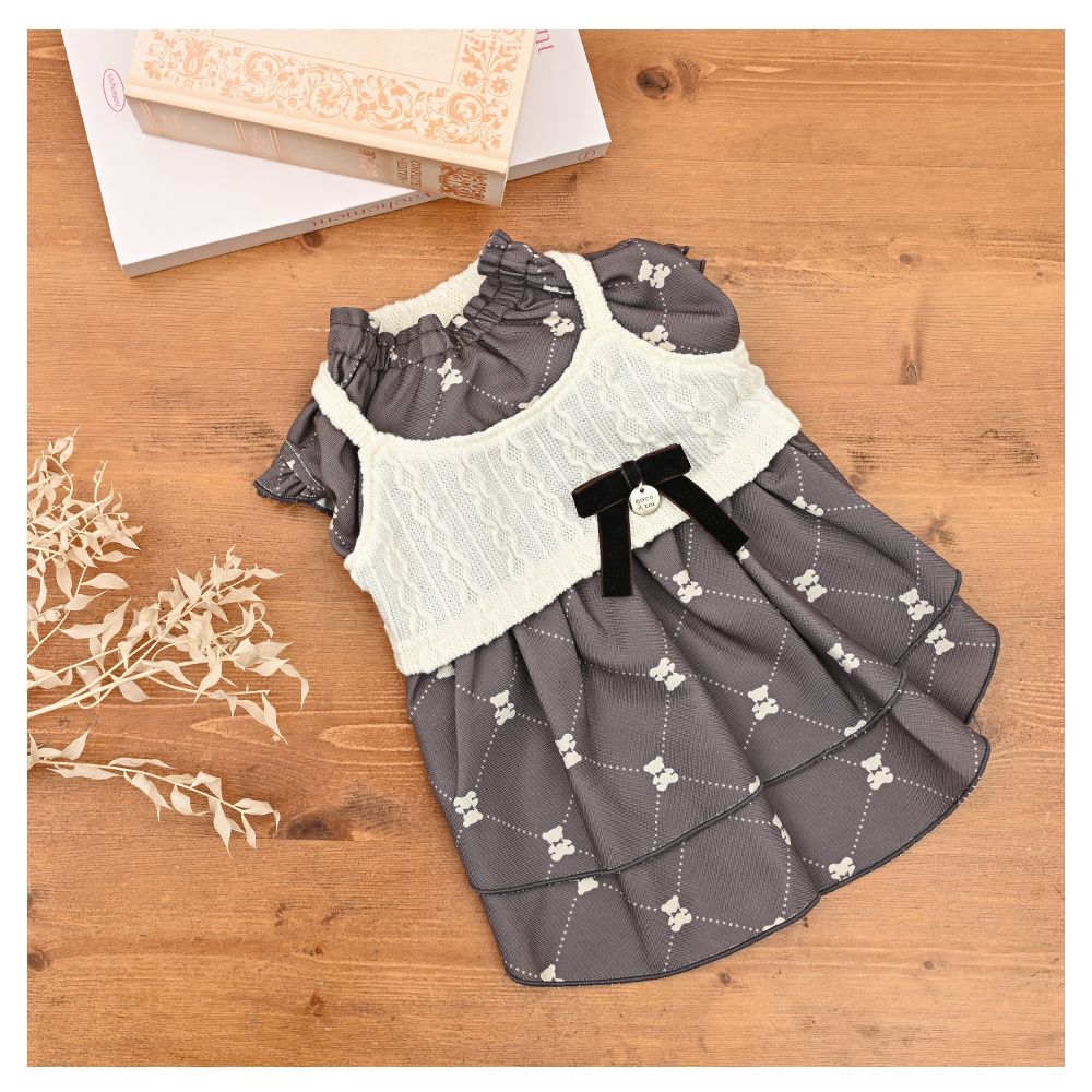 ニットキャミレイヤードワンピース (M) 犬服 小型犬 ドッグウェア くま柄 モノグラム【ココアトワ(cocoAtoi)】