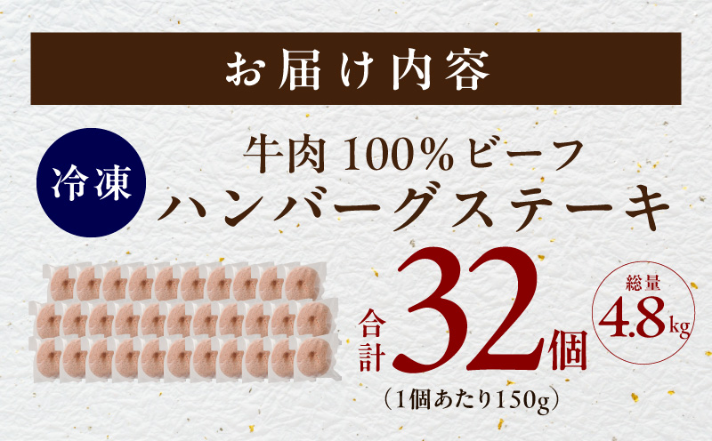 【期間限定】無添加 牛肉100％ ハンバーグ 150g×32個【牛100% 焼くだけ 個包装 はんばーぐ 人気 高評価 惣菜 お肉 冷凍 一人暮らし ファミリーにも】 G5353