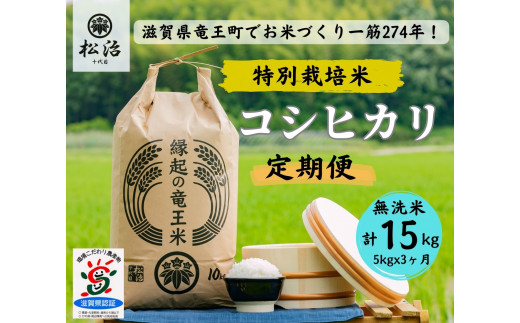 定期便 コシヒカリ 無洗米 5kg × 3ヶ月 縁起の竜王米  ( 令和7年産米 15kg 定期 3回 お米 定期便 おこめ ごはん 米 特別栽培米 ブランド米 ライス こだわり米 ギフト 国産 滋賀県竜王町 )
