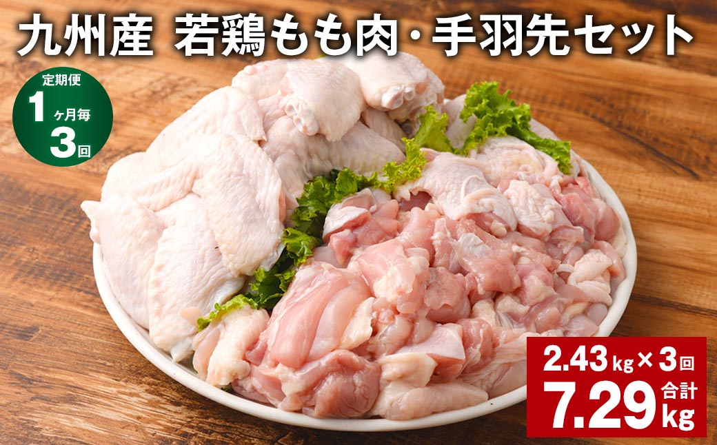 
【1ヶ月毎3回定期便】 九州産 若鶏もも肉・手羽先セット 計約7.29kg（約2.43kg✕3回） 鶏肉 もも肉 手羽先
