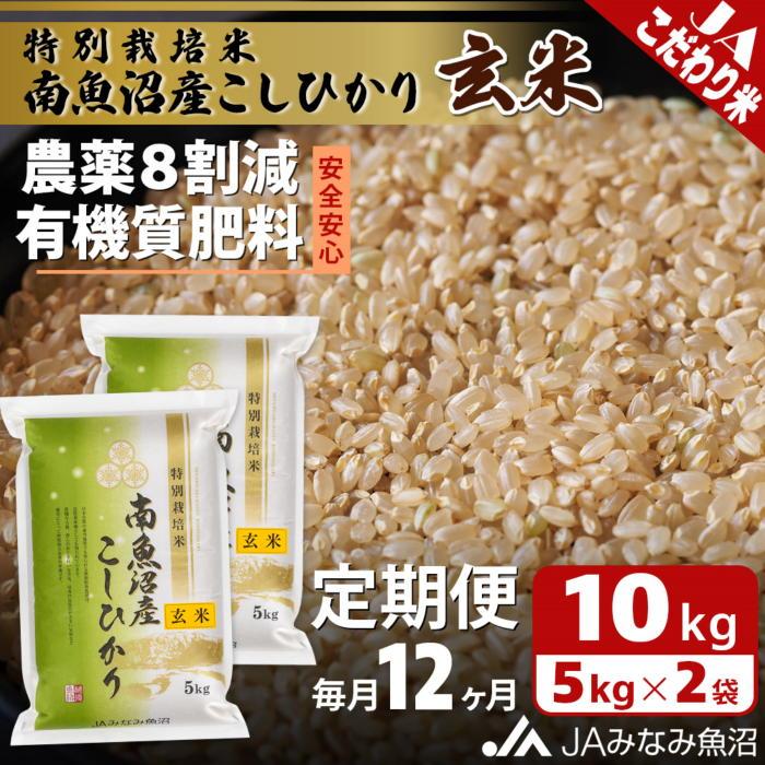 【ふるさと納税】【JAみなみ魚沼定期便】特別栽培米南魚沼産こしひかり8割減玄米（10kg×全12回）農薬8割削減 有機肥料 調整玄米 精選玄米 特A獲得日本一産地 もっちり甘い 南魚沼産コシヒカリ | お米 こめ 食品 人気 おすすめ 送料無料 魚沼 南魚沼