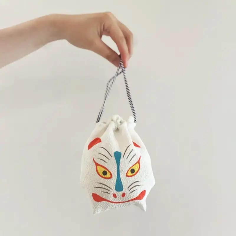 丹後ちりめん 祭巾着（きつね） サイズ：約17cm×13cm