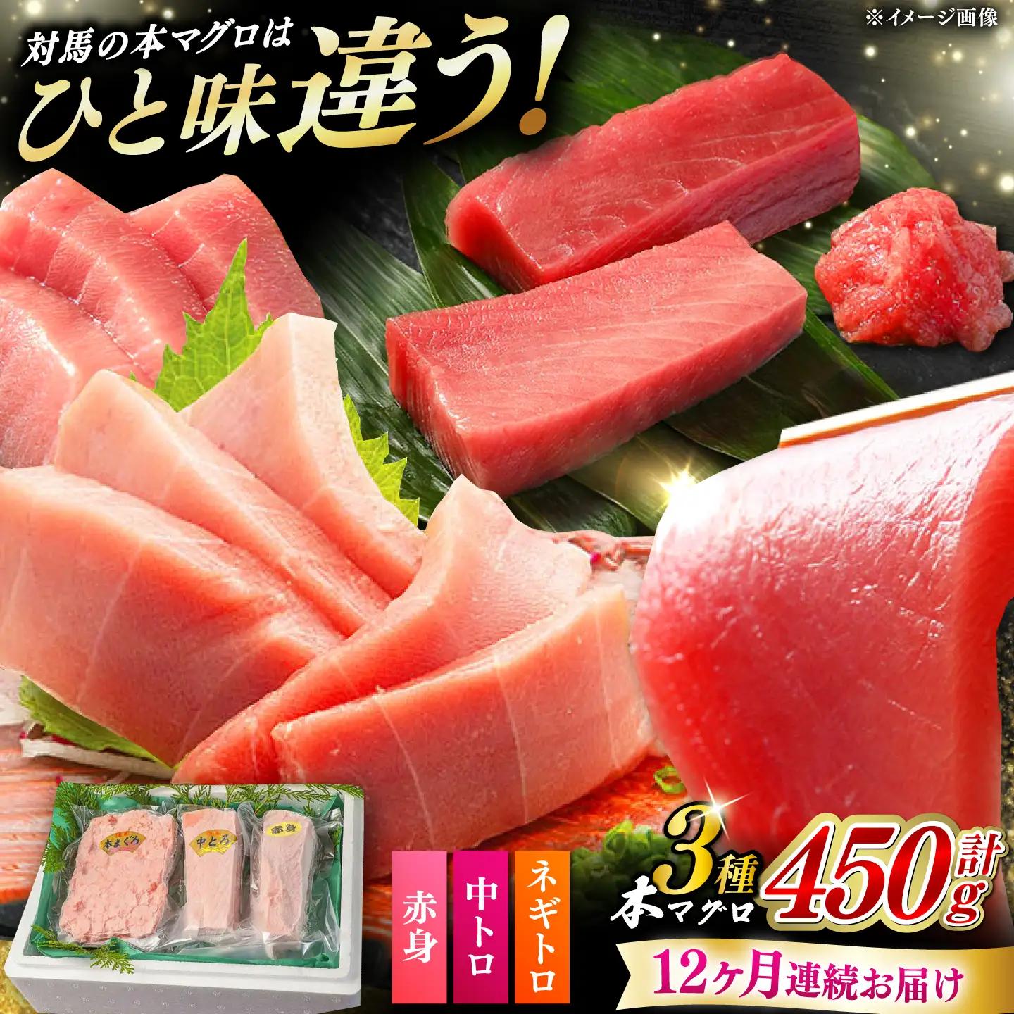 【全12回定期便】対馬産 本マグロ 3種 計450g（赤身/中トロ/ネギトロ） [WAH014] マグロ まぐろ 本マグロ トロ 赤身 ネギトロ たたき