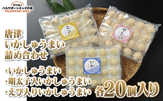 
            【唐津いかしゅうまい詰め合わせ】いかしゅうまい／明太子入いかしゅうまい／えび入りいかしゅうまい各20個入り
          