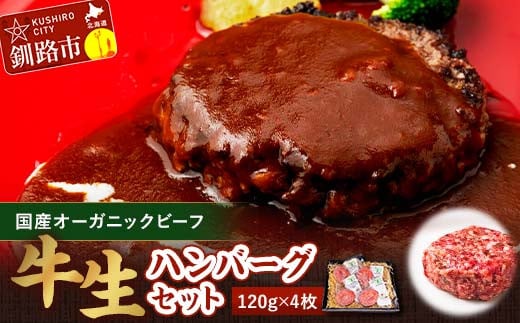 9月発送  釧路生まれ、釧路育ちのオーガニックビーフ 生ハンバーグ120g×4枚  F4F-3382
