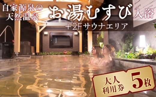 自家源泉の天然温泉 お湯むすび入浴+2Fサウナエリア大人利用券5枚
