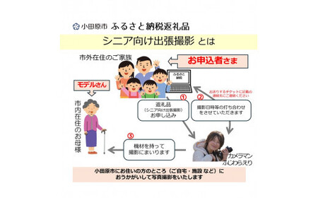 シニア向け出張撮影【小田原市在住のモデルさん限定】【ヘアメイク メイク 仕度手伝い プレゼント 親孝行 写真 写真撮影 写真加工　L版プリント  美肌加工 記念 記念撮影 記念写真 予約制 事前予約 