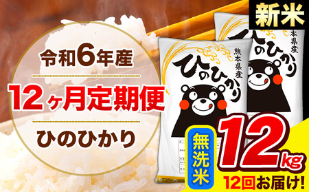 令和6年産 新米 ひのひかり 【12ヶ月定期便】 無洗米  12kg (6kg×2袋) 計12回お届け 《お申し込み月の翌月から出荷開始》 熊本県産 無洗米 精米 ひの 米 こめ お米 熊本県 長洲町